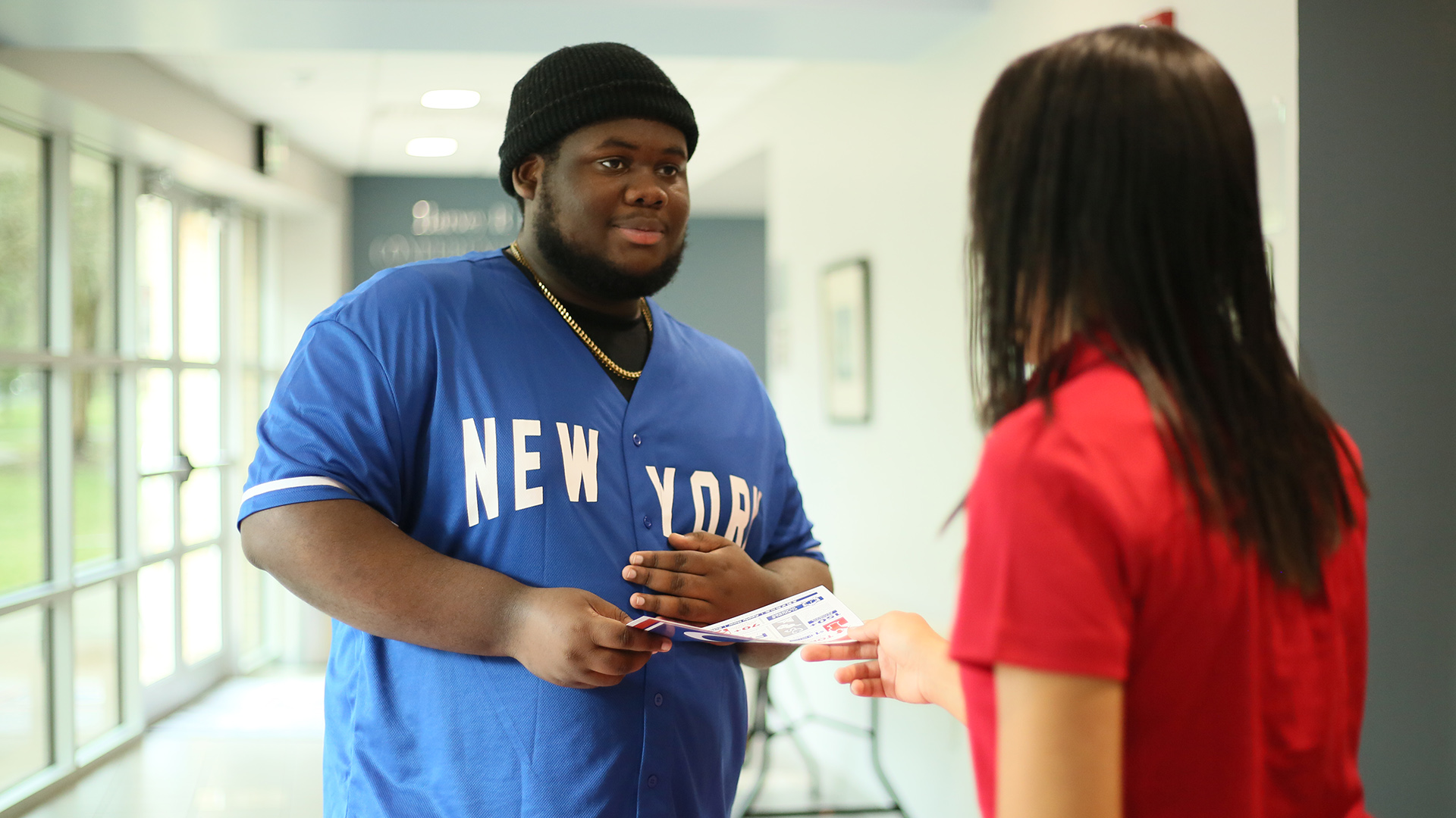 Student meeting staff at a Open House